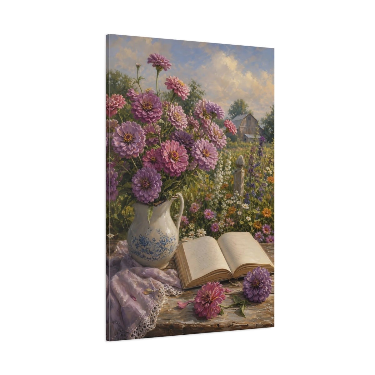 Side Mockup 1. Nature Zinnias Purple Pink Flowers shown as stretched canvas wall art