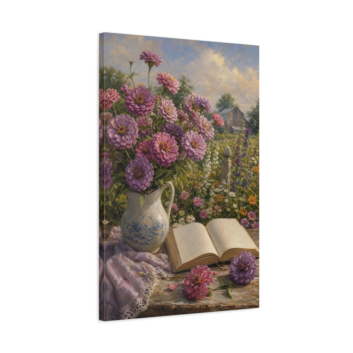 Side Mockup 2. Nature Zinnias Purple Pink Flowers shown as stretched canvas wall art