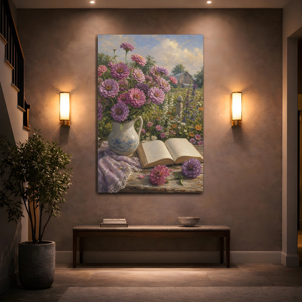 Mockup 2. Nature Zinnias Purple Pink Flowers shown as stretched canvas wall art