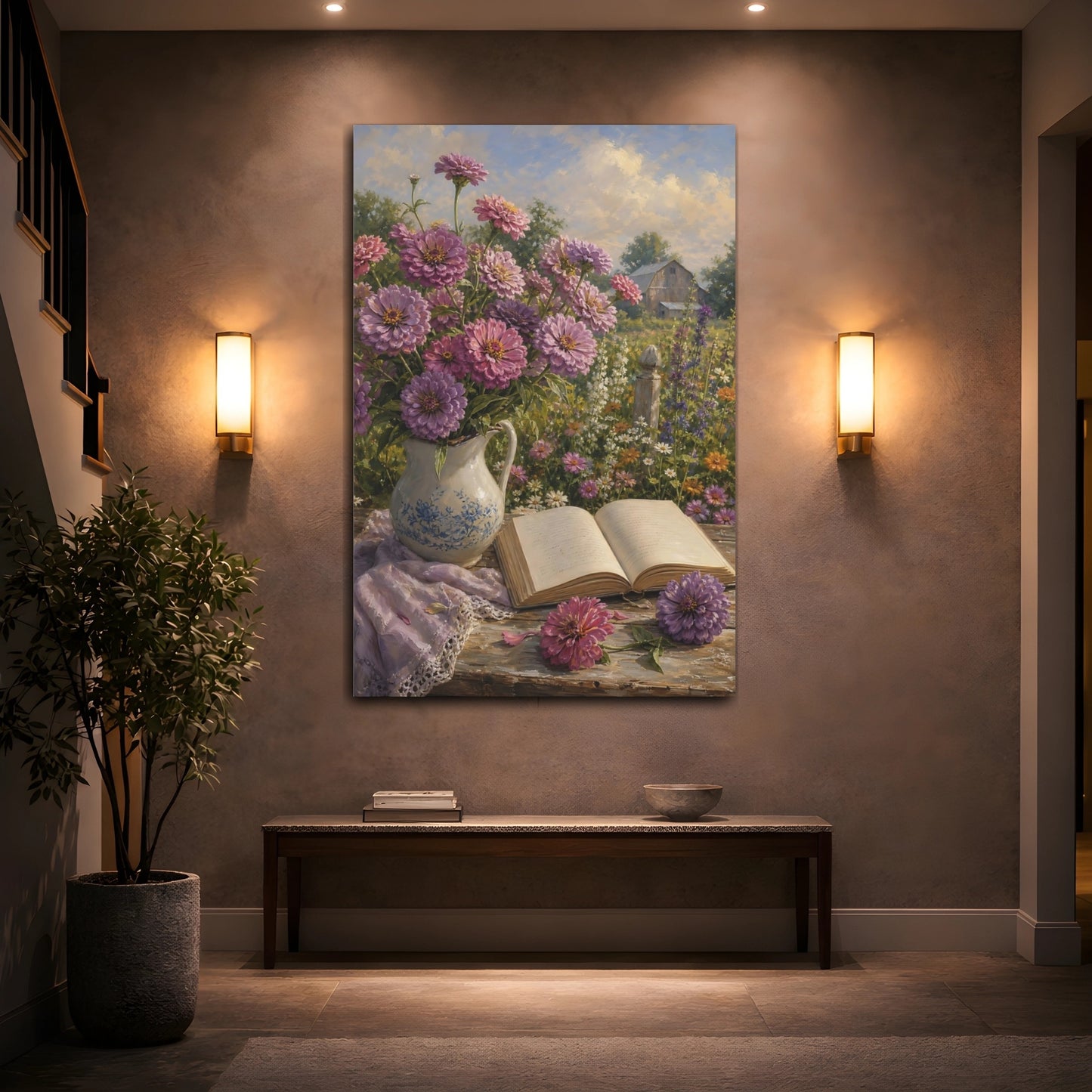 Mockup 2. Nature Zinnias Purple Pink Flowers shown as stretched canvas wall art