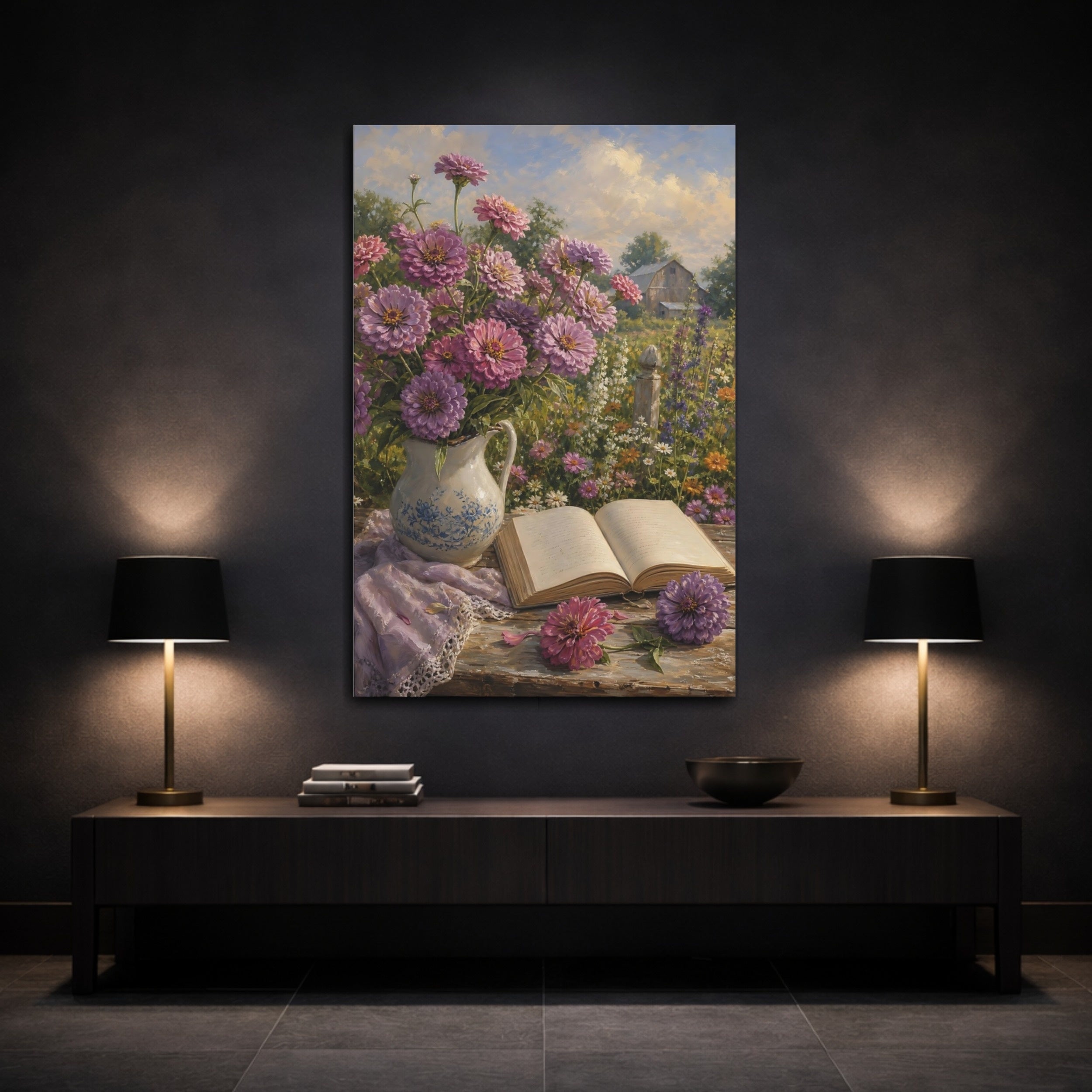 Mockup 3. Nature Zinnias Purple Pink Flowers shown as stretched canvas wall art