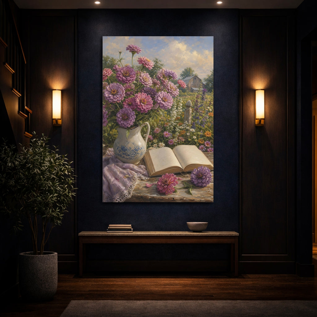 Mockup 4. Nature Zinnias Purple Pink Flowers shown as stretched canvas wall art