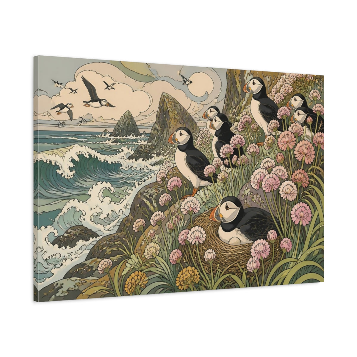 Main Mockup. Nature's Coastal Puffins shown as canvas print