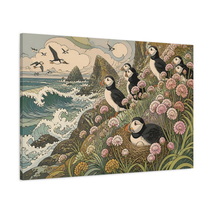 Main Mockup. Nature's Coastal Puffins shown as canvas print