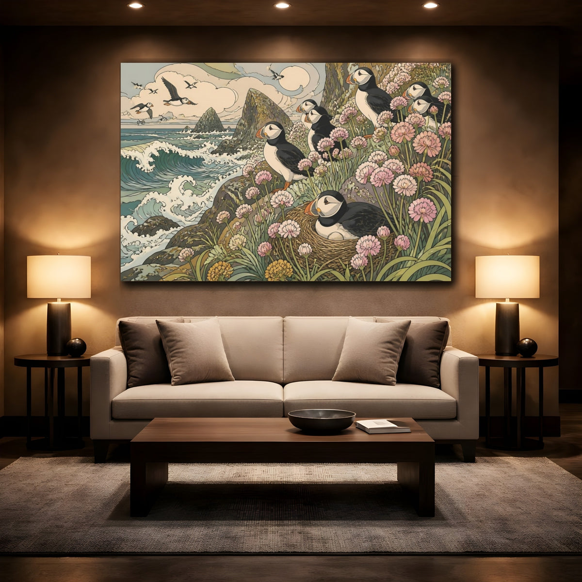 Mockup 2. Nature's Coastal Puffins shown as canvas print