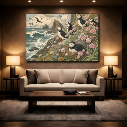 Mockup 2. Nature's Coastal Puffins shown as canvas print