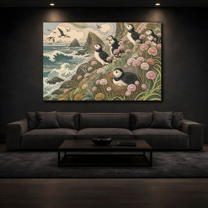 Mockup 3. Nature's Coastal Puffins shown as canvas print