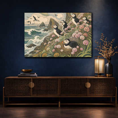 Mockup 4. Nature's Coastal Puffins shown as canvas print