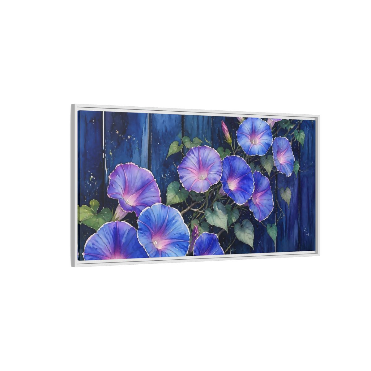 Side Mockup 3. Navy Morning Glories shown as framed canvas print