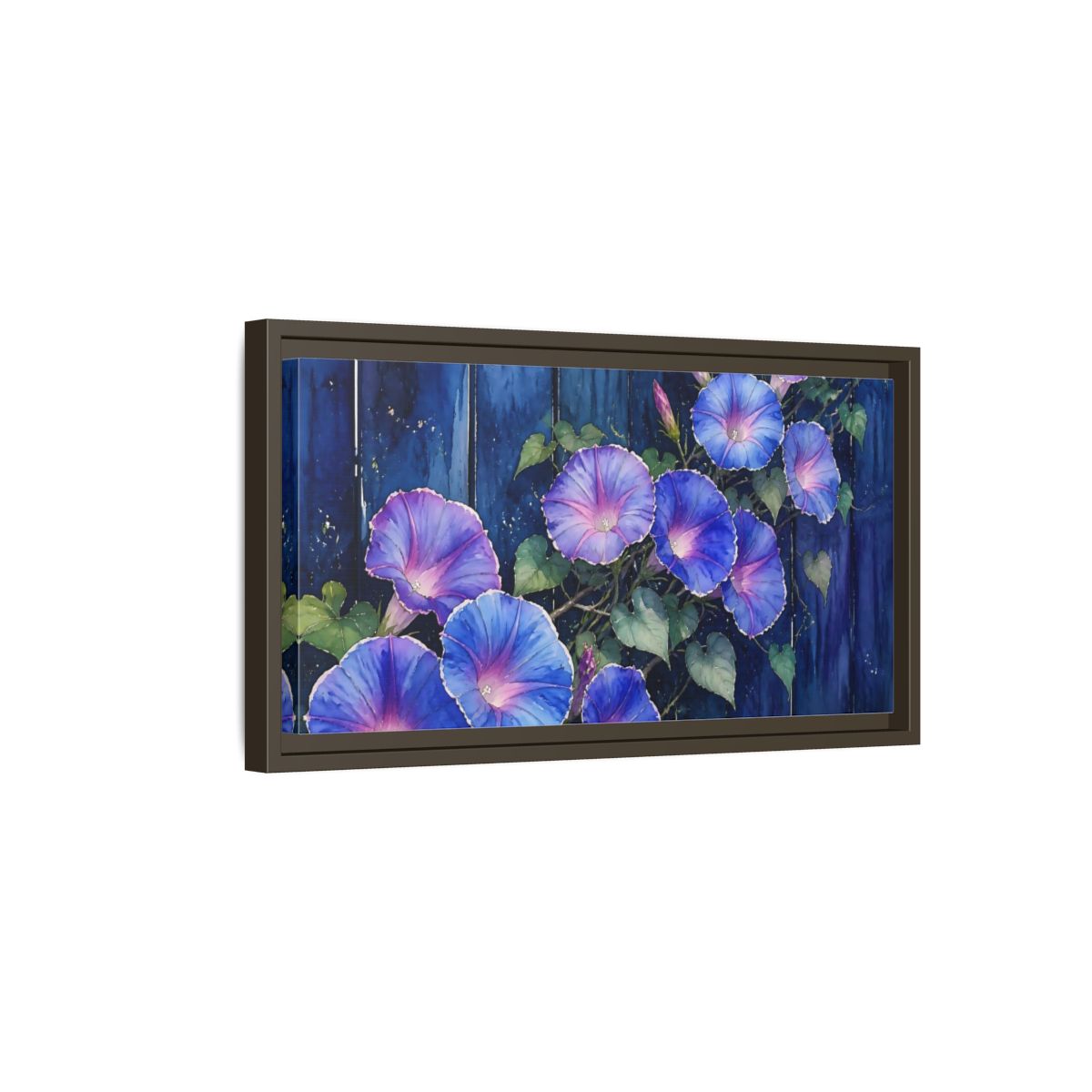 Side Mockup 7. Navy Morning Glories shown as framed canvas print