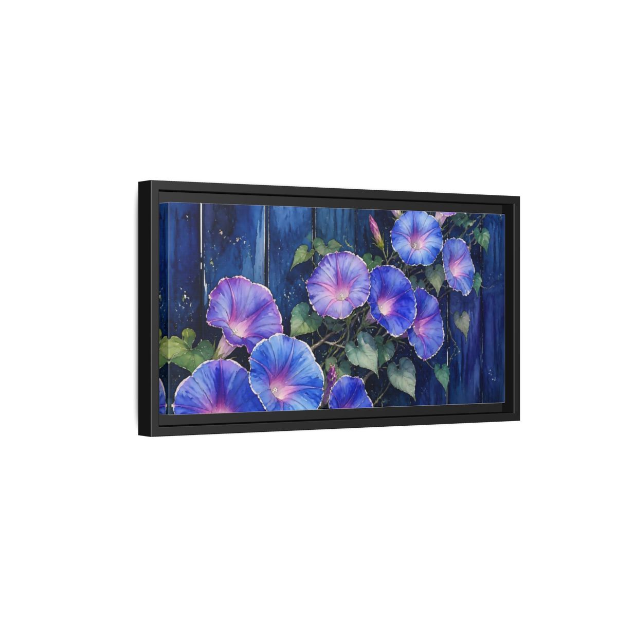 Side Mockup 8. Navy Morning Glories shown as framed canvas print