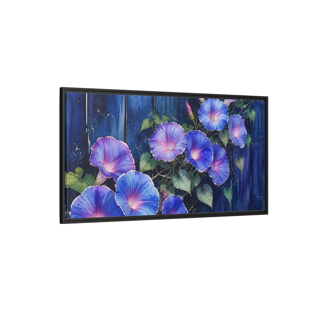 Side Mockup 5. Navy Morning Glories shown as framed canvas print