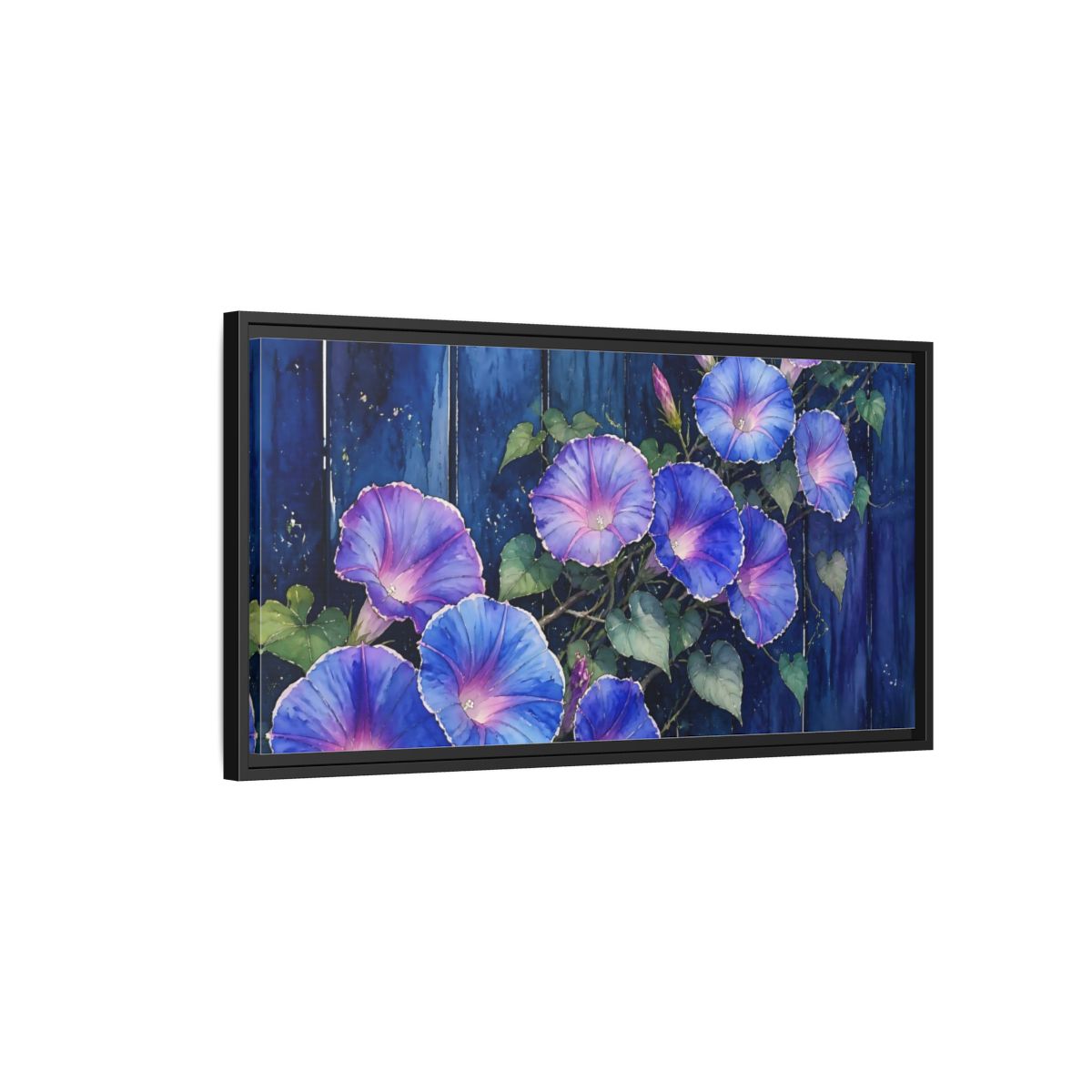 Side Mockup 2. Navy Morning Glories shown as framed canvas print