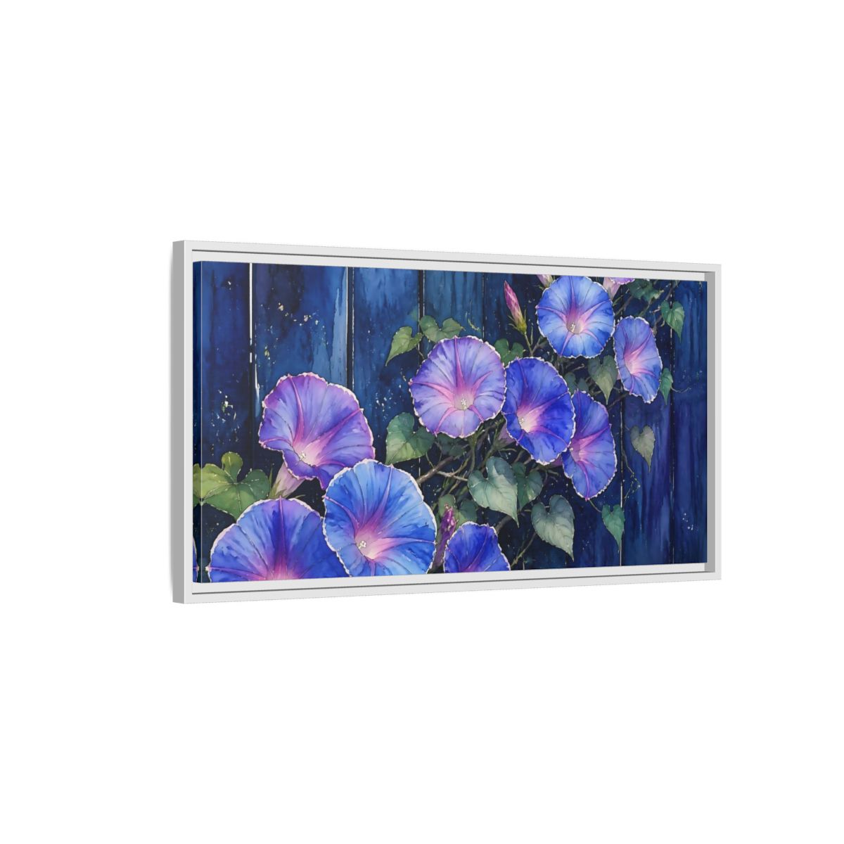 Side Mockup 1. Navy Morning Glories shown as framed canvas print