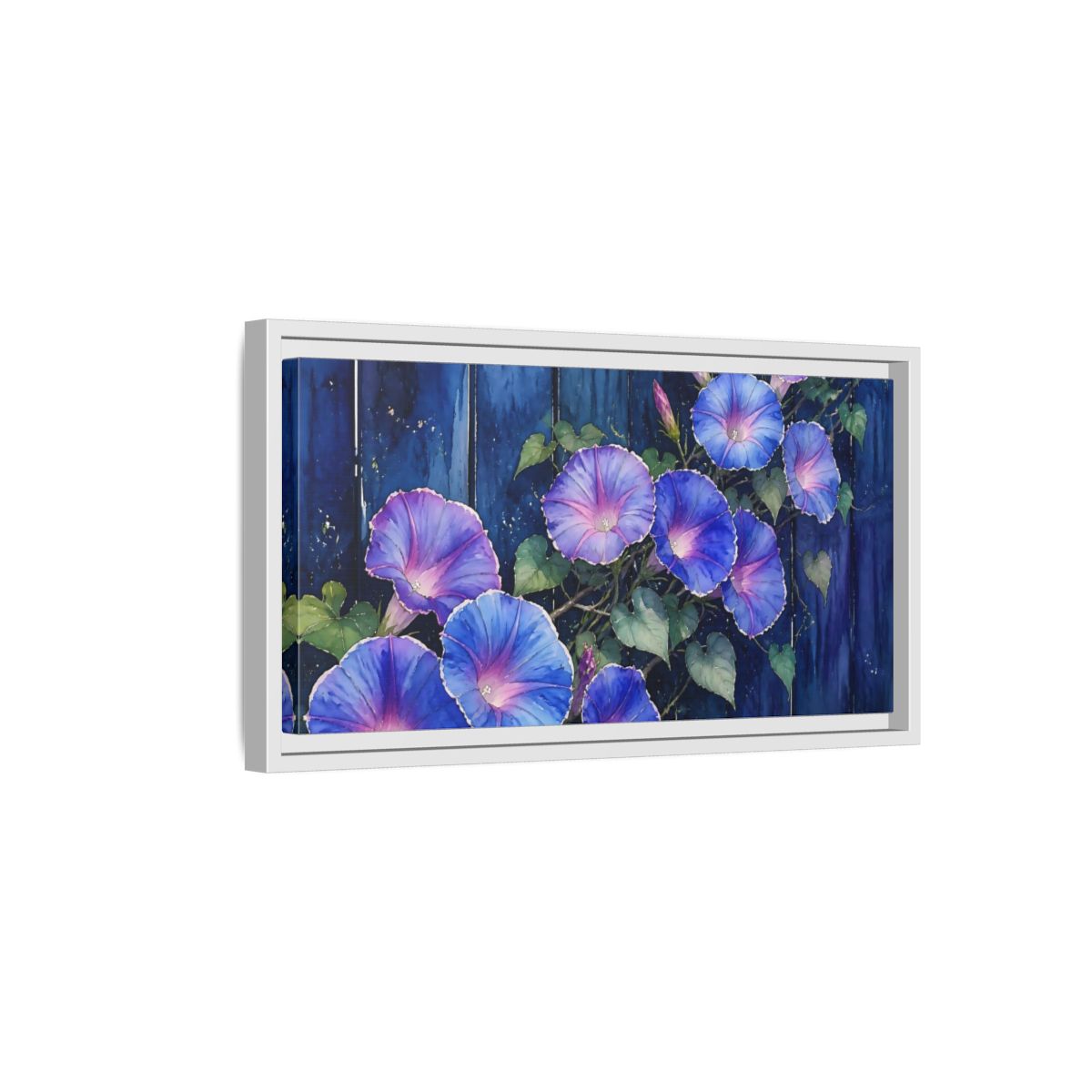 Side Mockup 6. Navy Morning Glories shown as framed canvas print