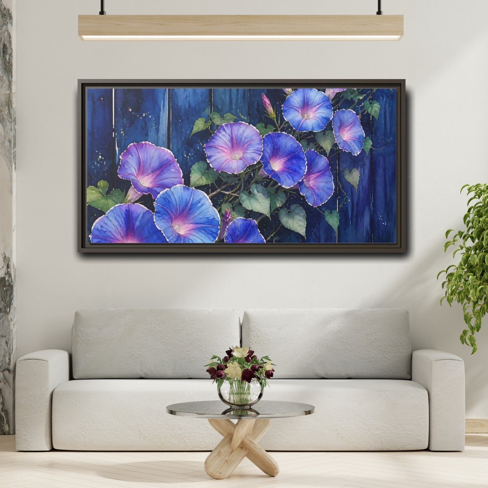 Mockup 2. Navy Morning Glories shown as framed canvas print