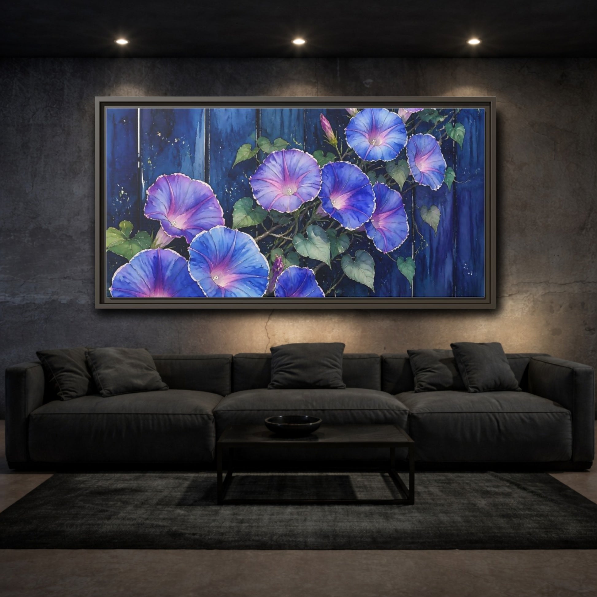 Mockup 3. Navy Morning Glories shown as framed canvas print