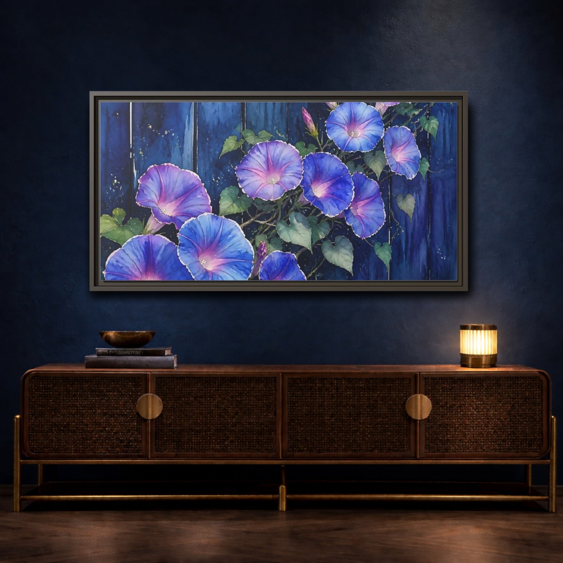 Mockup 4. Navy Morning Glories shown as framed canvas print