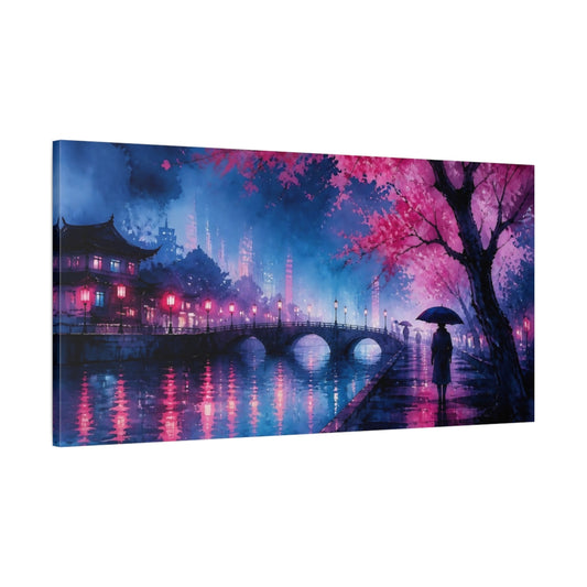 Main Mockup. Neon Cherry Blossom Canal shown as canvas print