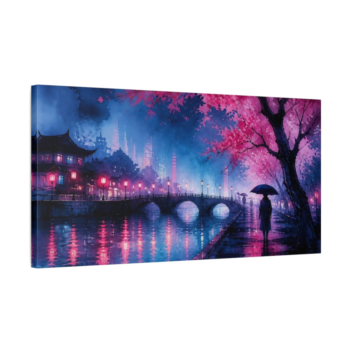Side Mockup 1. Neon Cherry Blossom Canal shown as canvas print