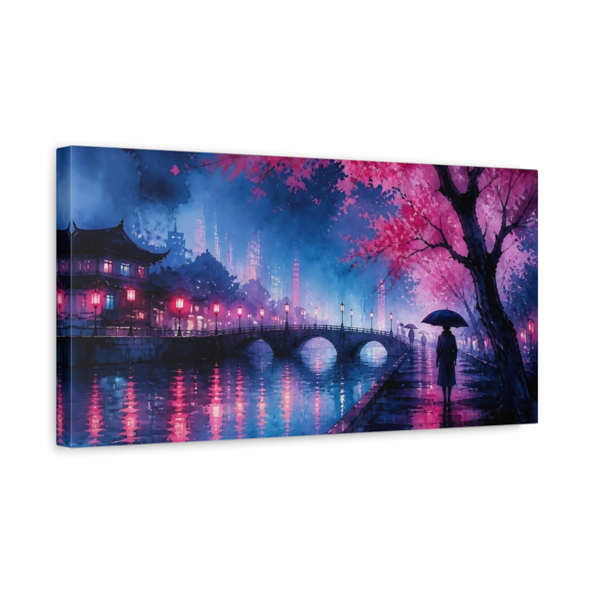 Side Mockup 3. Neon Cherry Blossom Canal shown as canvas print