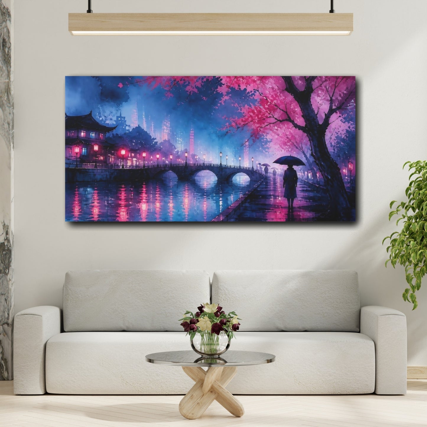 Mockup 2. Neon Cherry Blossom Canal shown as canvas print