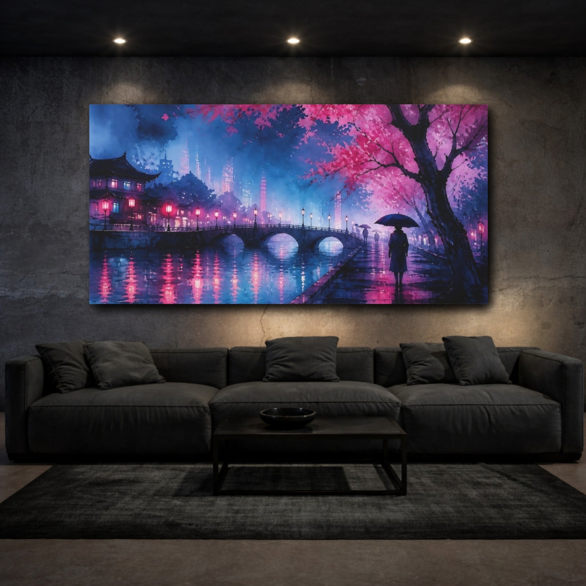 Mockup 3. Neon Cherry Blossom Canal shown as canvas print