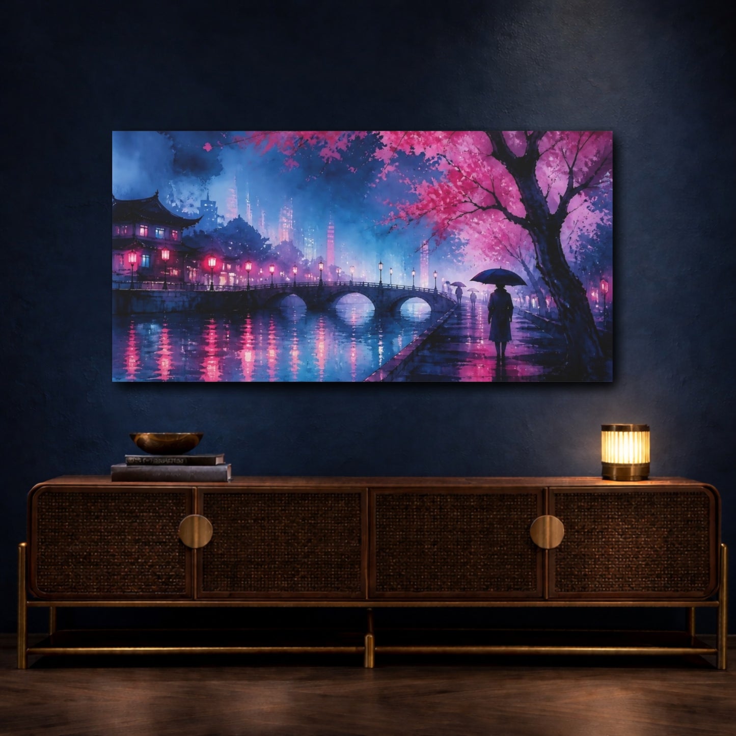 Mockup 4. Neon Cherry Blossom Canal shown as canvas print