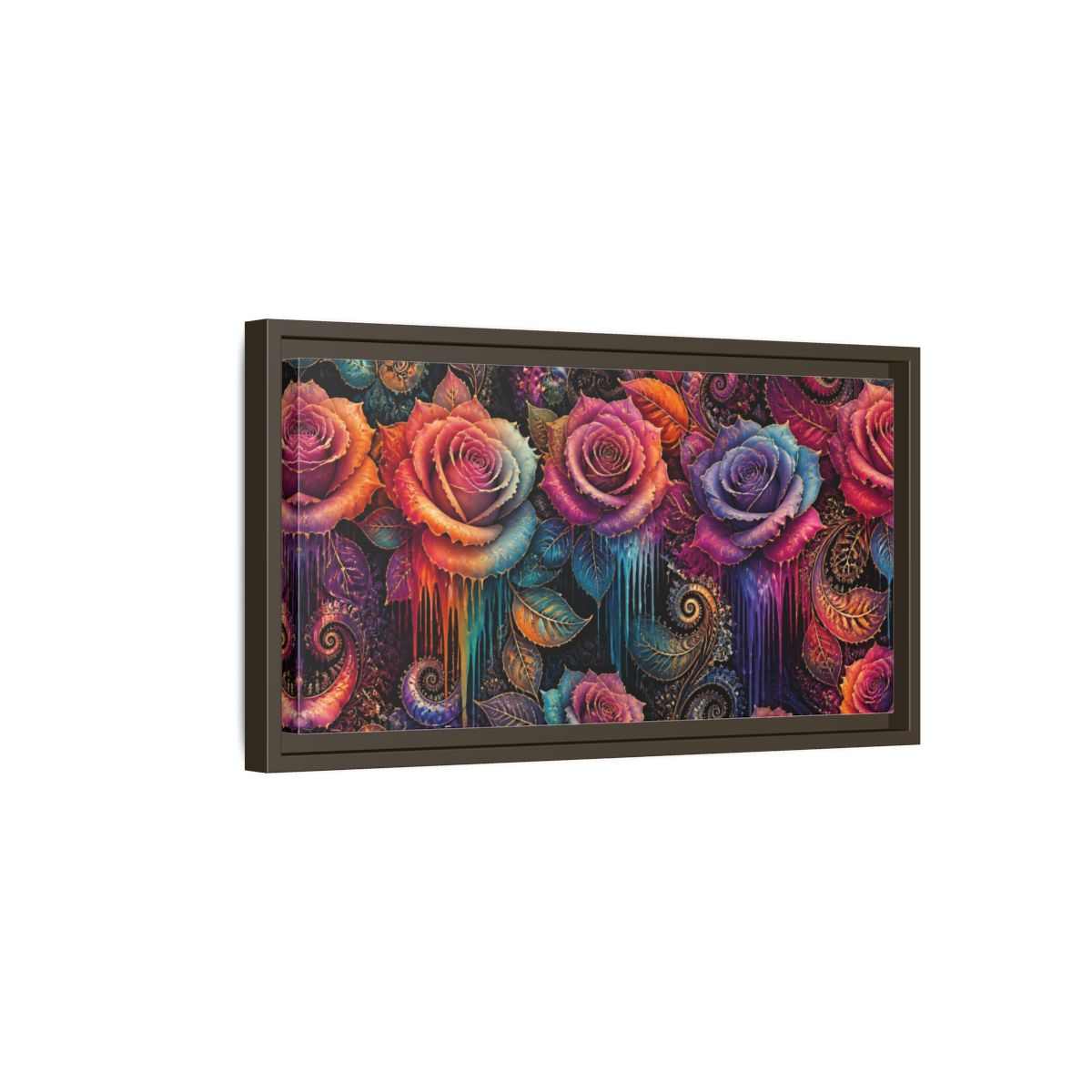 Side Mockup 7. Neon Fractal Roses shown as framed canvas print