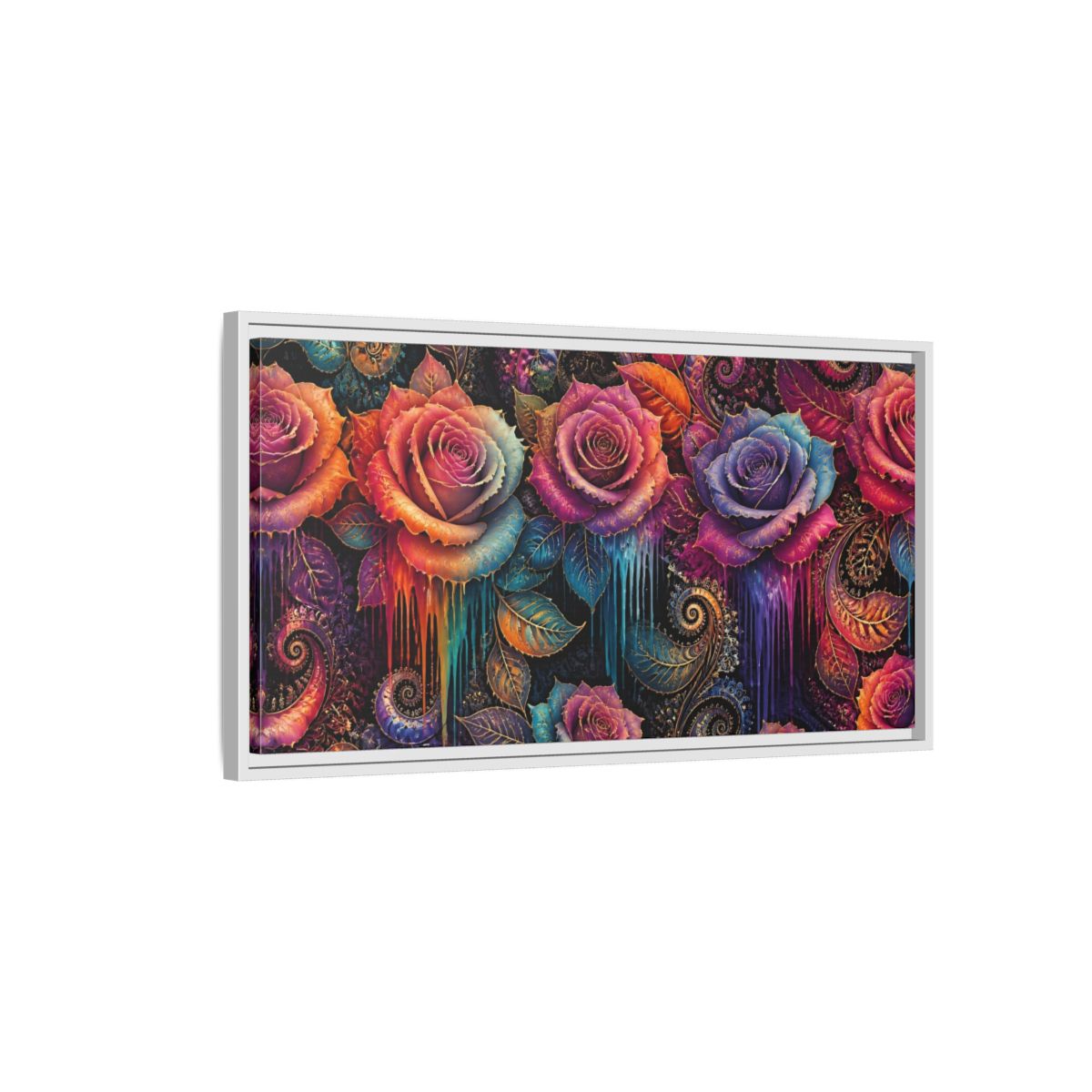 Side Mockup 1. Neon Fractal Roses shown as framed canvas print