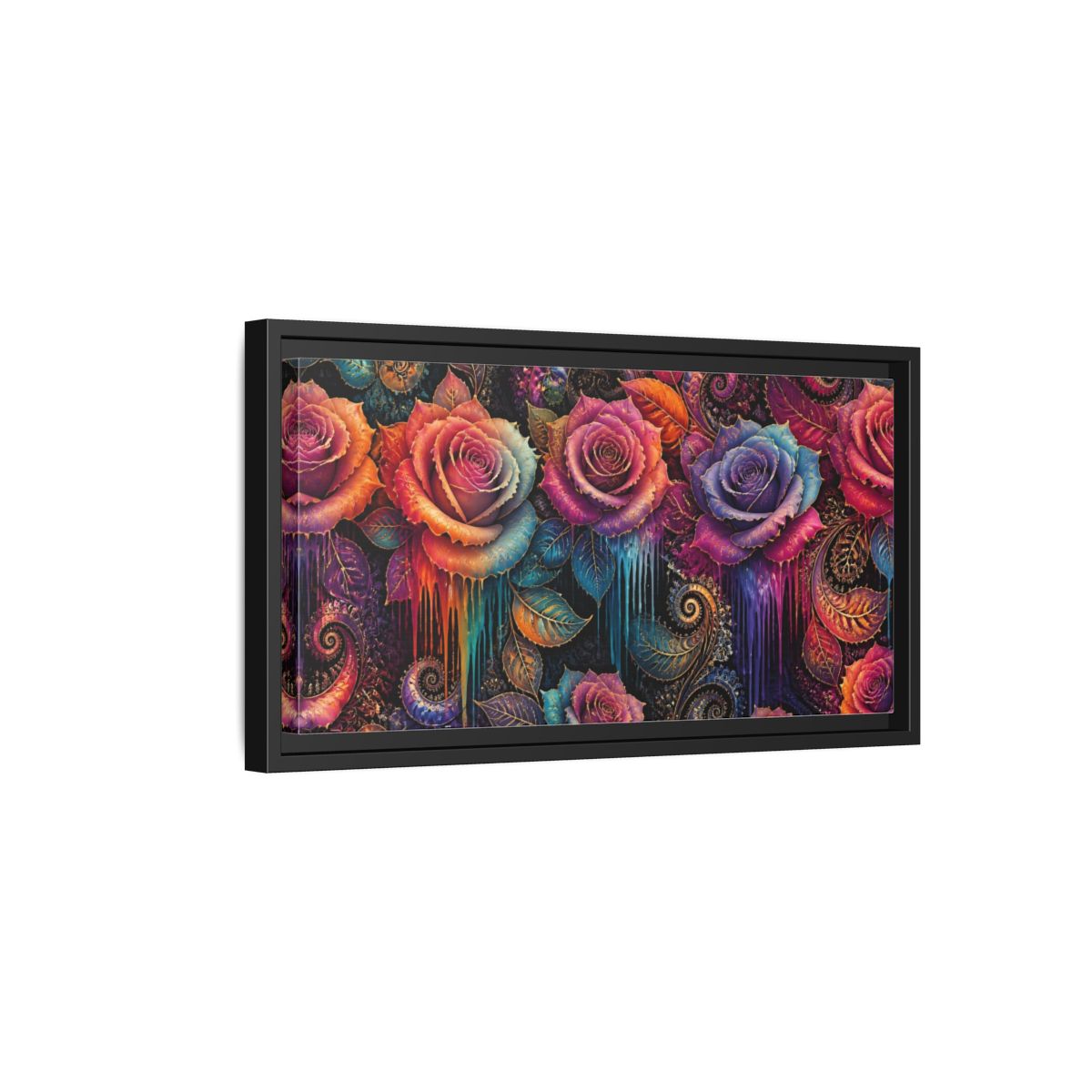 Side Mockup 8. Neon Fractal Roses shown as framed canvas print