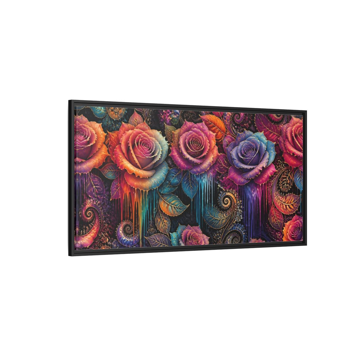Side Mockup 5. Neon Fractal Roses shown as framed canvas print