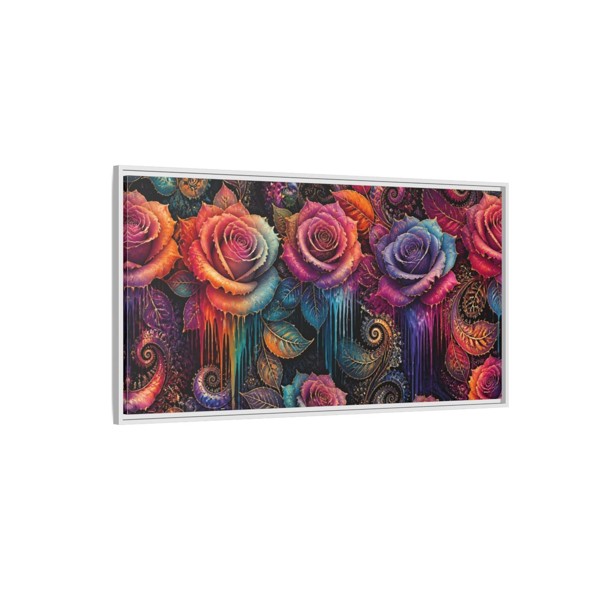 Side Mockup 3. Neon Fractal Roses shown as framed canvas print