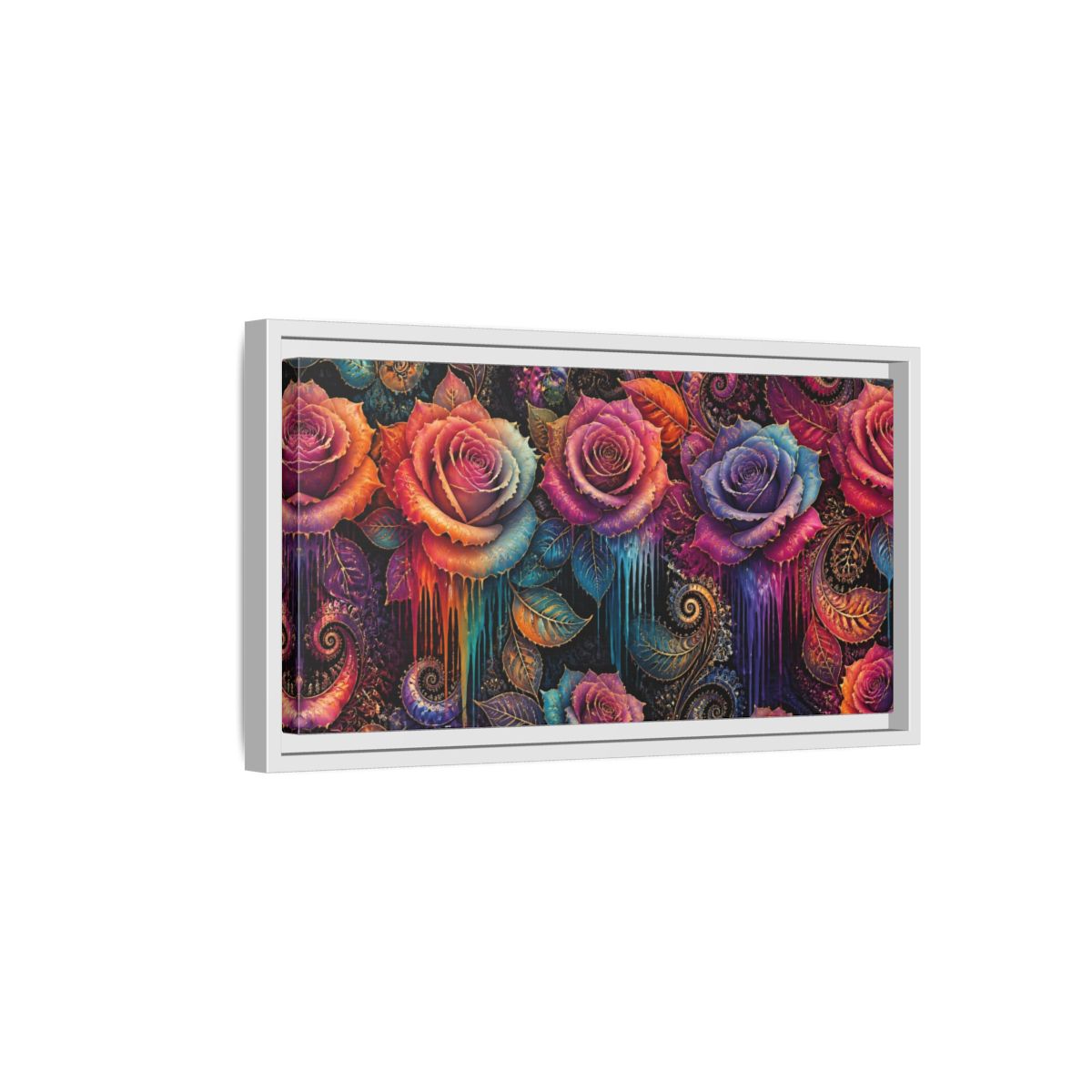 Side Mockup 6. Neon Fractal Roses shown as framed canvas print