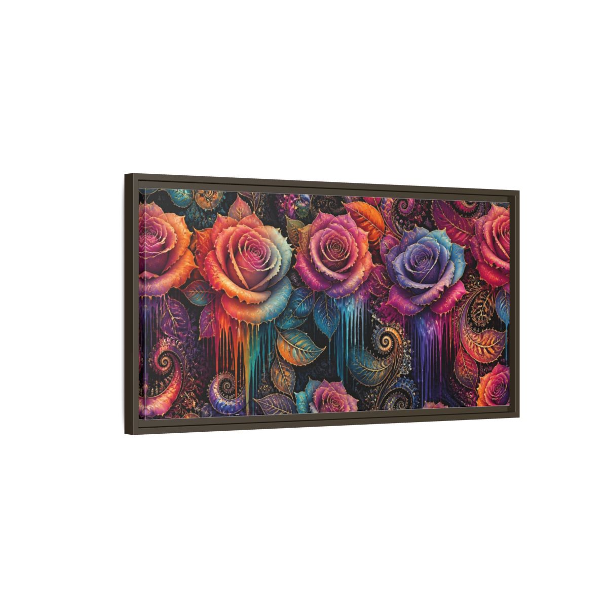 Main Mockup. Neon Fractal Roses shown as framed canvas print