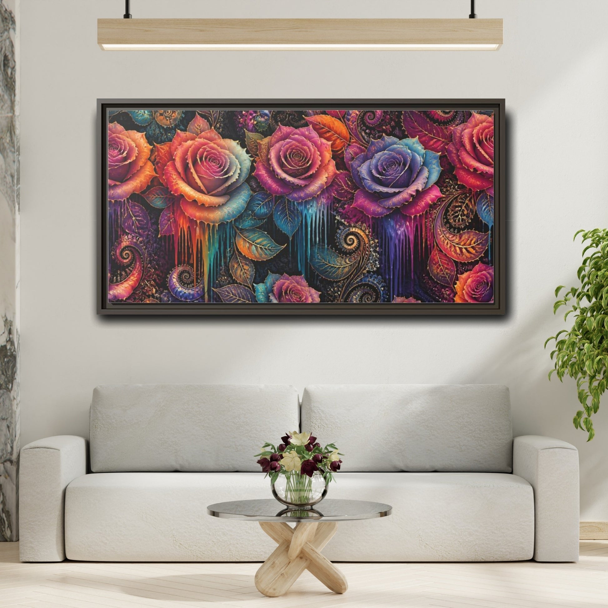 Mockup 2. Neon Fractal Roses shown as framed canvas print