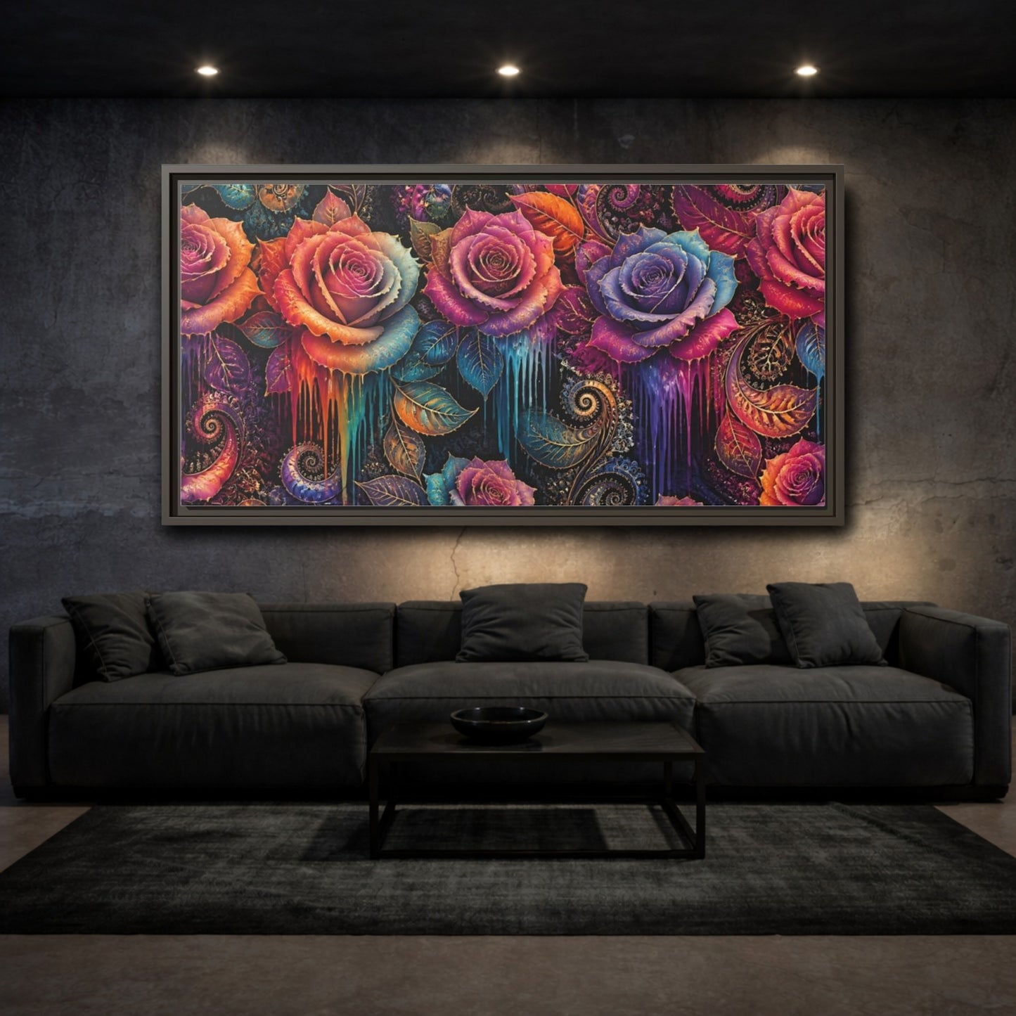 Mockup 3. Neon Fractal Roses shown as framed canvas print