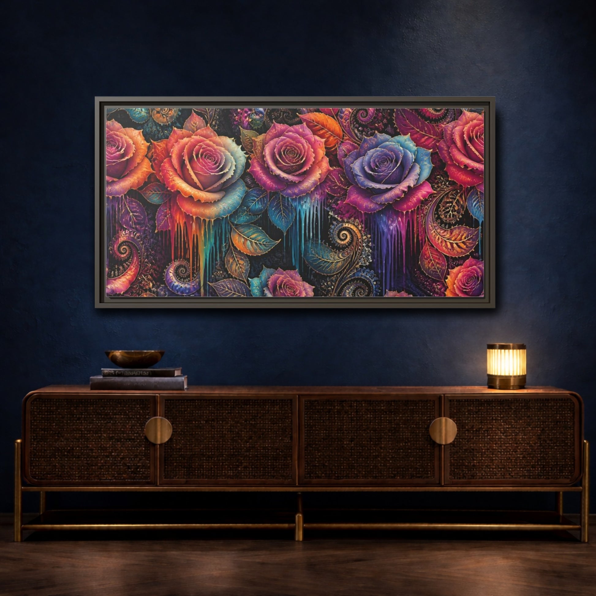 Mockup 4. Neon Fractal Roses shown as framed canvas print