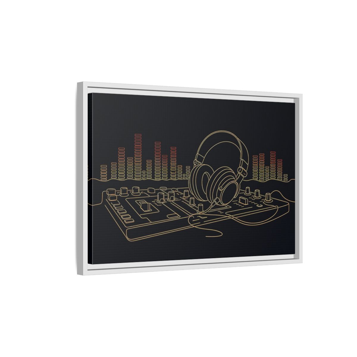Side Mockup 1. Neon Headphones Mixer shown as framed canvas print