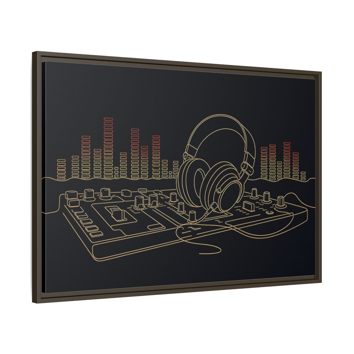 Main Mockup. Neon Headphones Mixer shown as framed canvas print