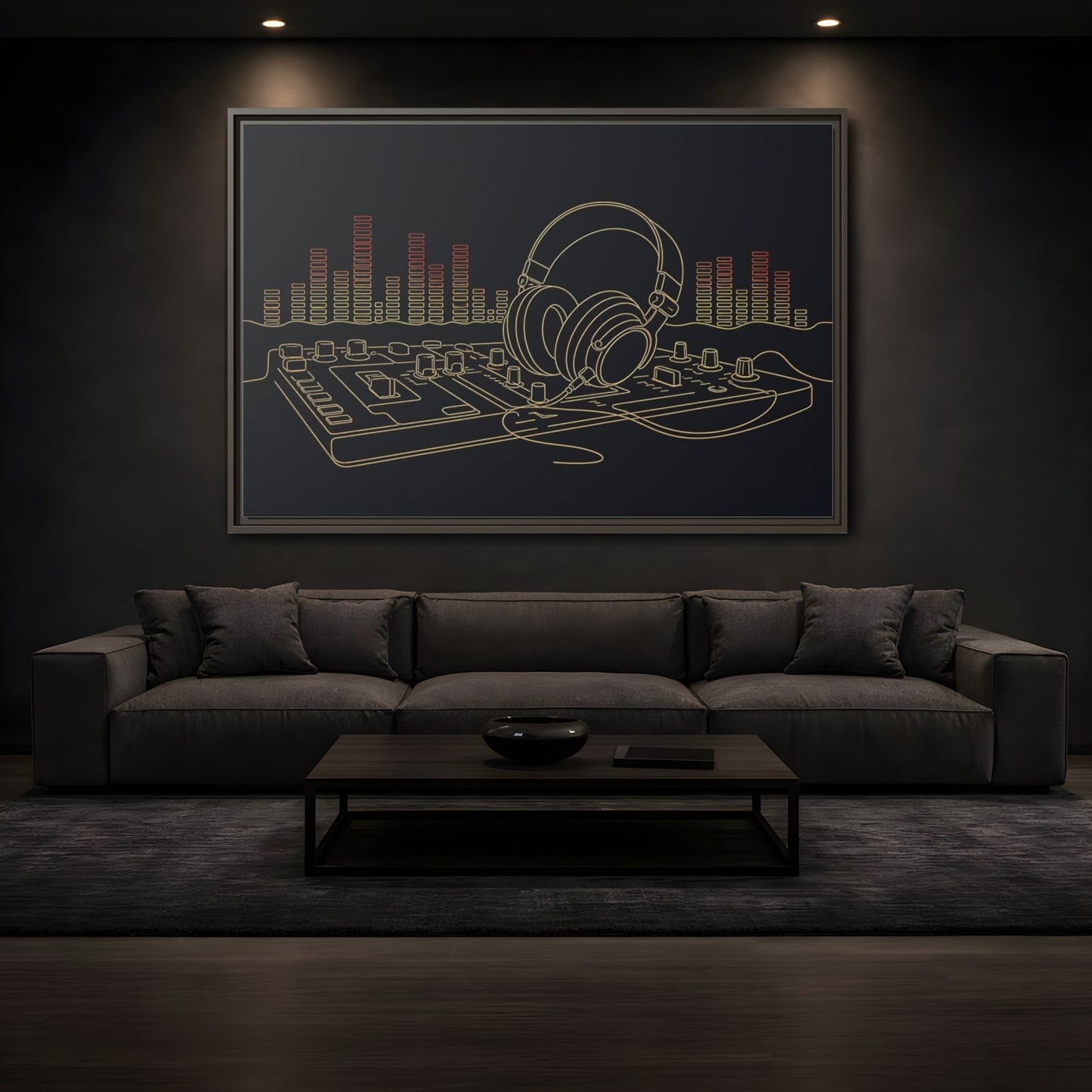 Mockup 3. Neon Headphones Mixer shown as framed canvas print