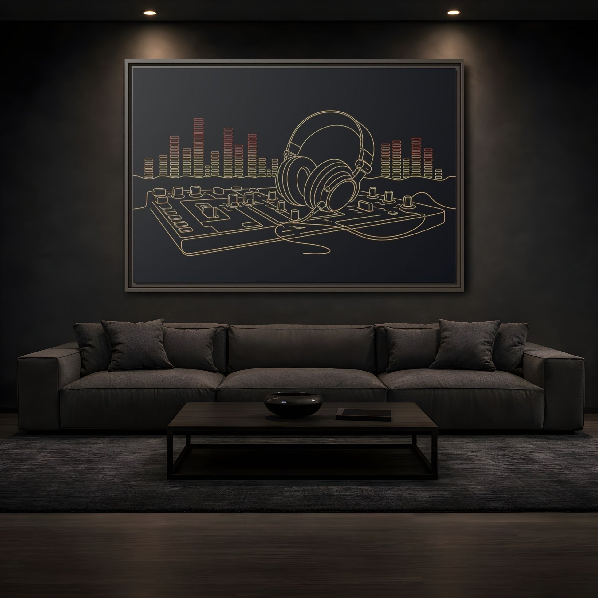 Mockup 3. Neon Headphones Mixer shown as framed canvas print