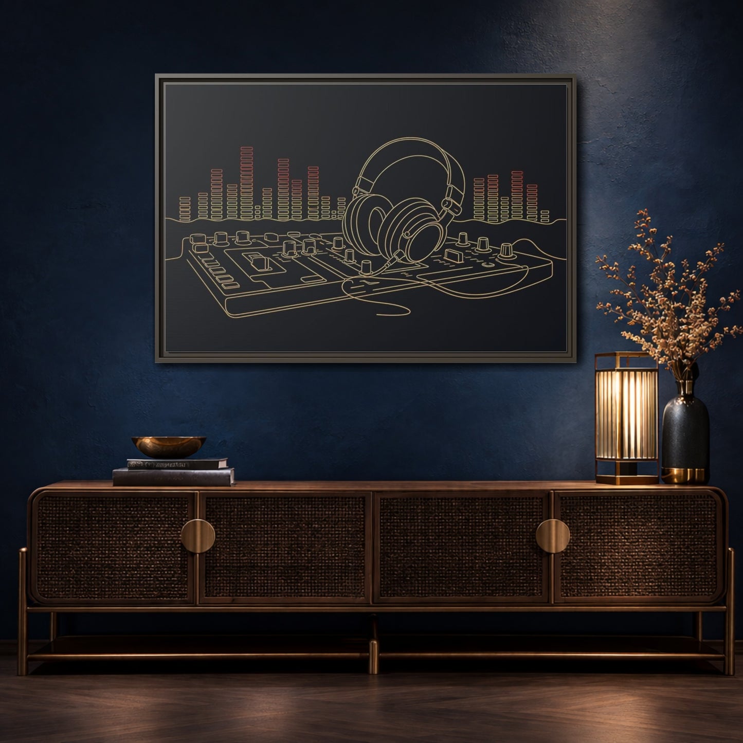 Mockup 4. Neon Headphones Mixer shown as framed canvas print