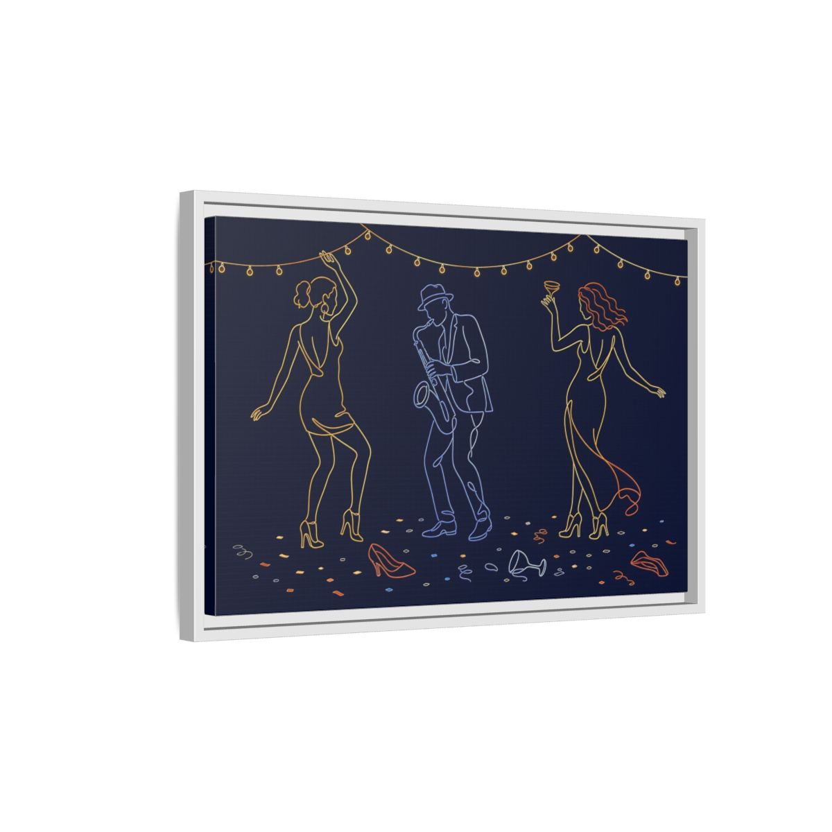 Side Mockup 1. Neon Jazz Night shown as framed canvas print
