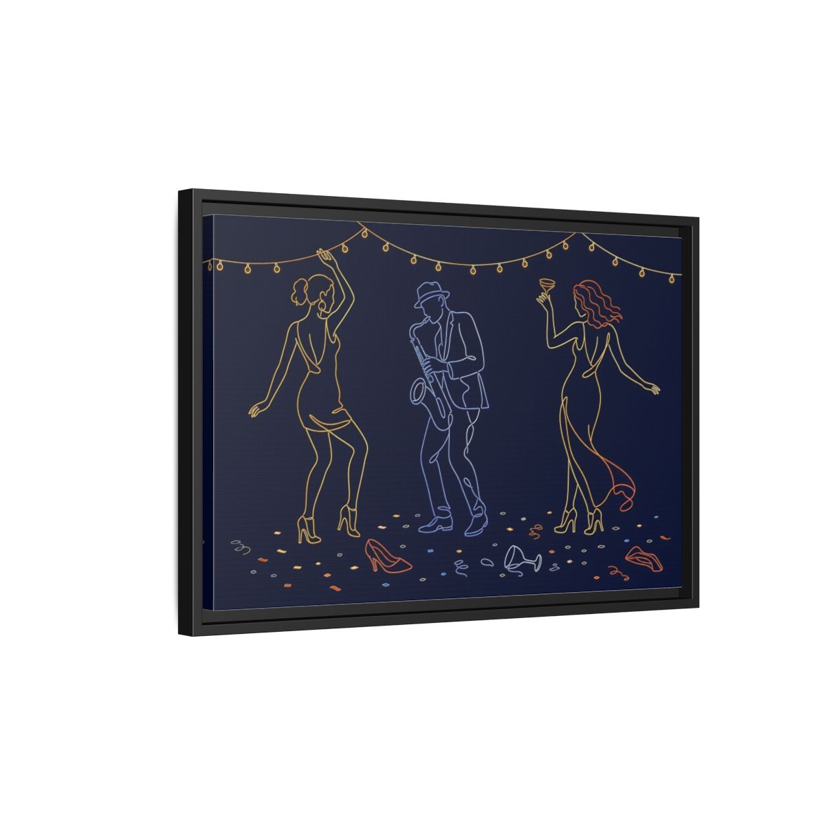 Side Mockup 3. Neon Jazz Night shown as framed canvas print
