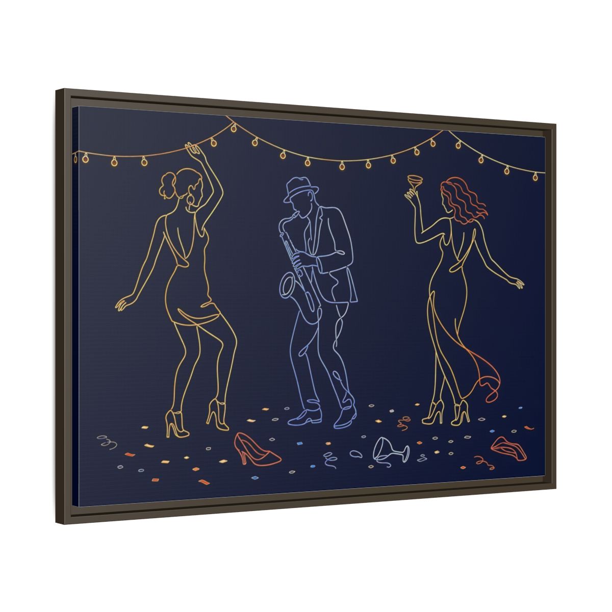 Main Mockup. Neon Jazz Night shown as framed canvas print