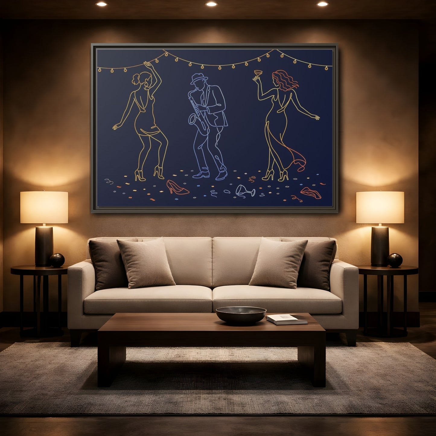 Mockup 2. Neon Jazz Night shown as framed canvas print