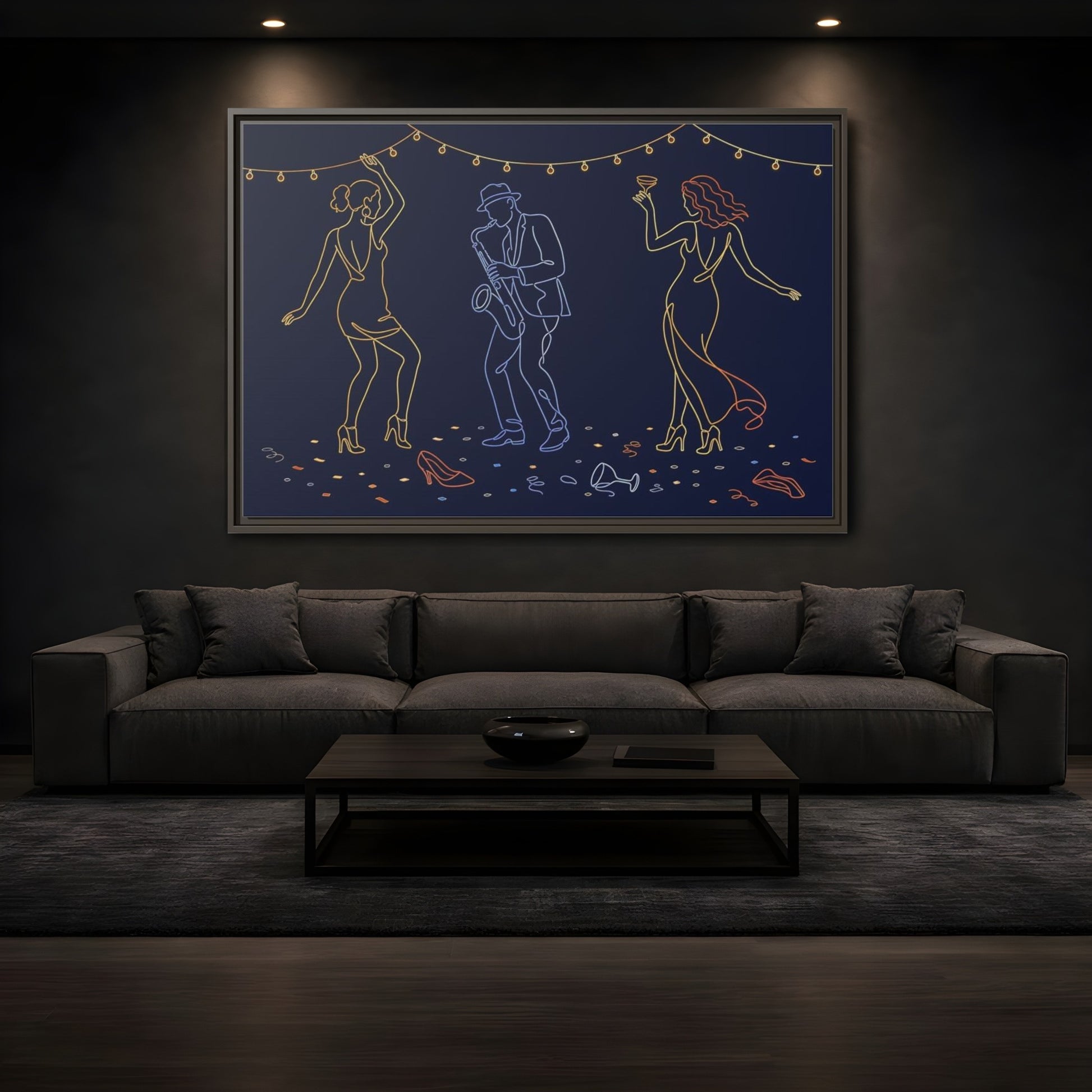 Mockup 3. Neon Jazz Night shown as framed canvas print