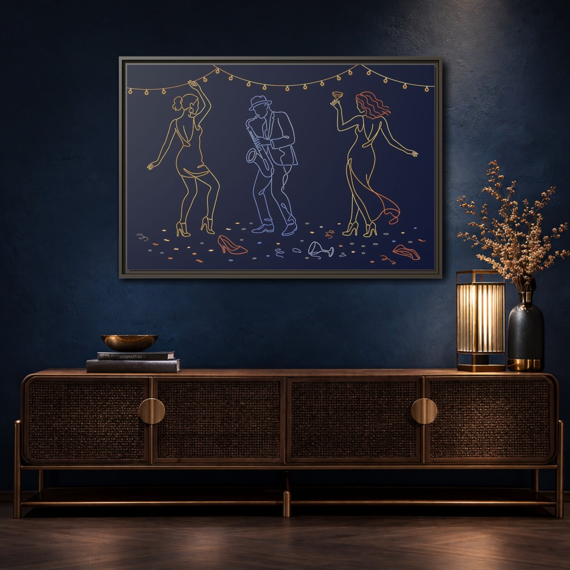 Mockup 4. Neon Jazz Night shown as framed canvas print