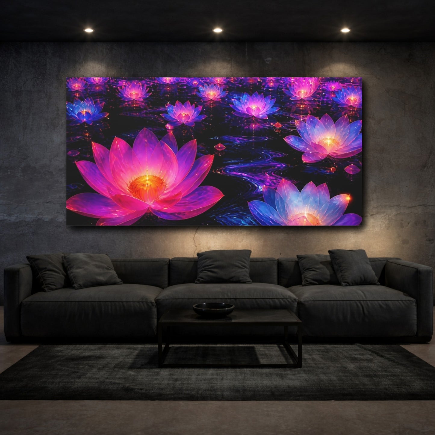 Mockup 3. Neon Lotus Glow shown as canvas print